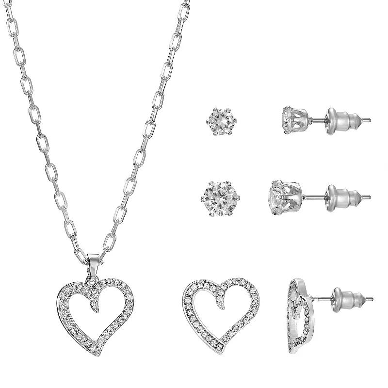 Primavera Fine Silver Plated Cubic Zirconia Open Heart Pendant and 3-pc. Earring Set, Womens Silver Tone Product Image