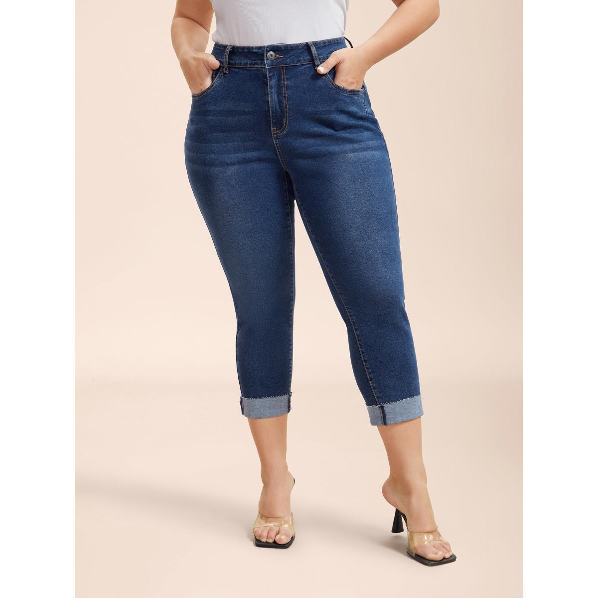 Plus Size Whiskered Rolled Hem Slim-Fit Jeans Women Bluevintage Casual Medium stretch Slanted pocket Jeans BloomChic 26/4X Product Image
