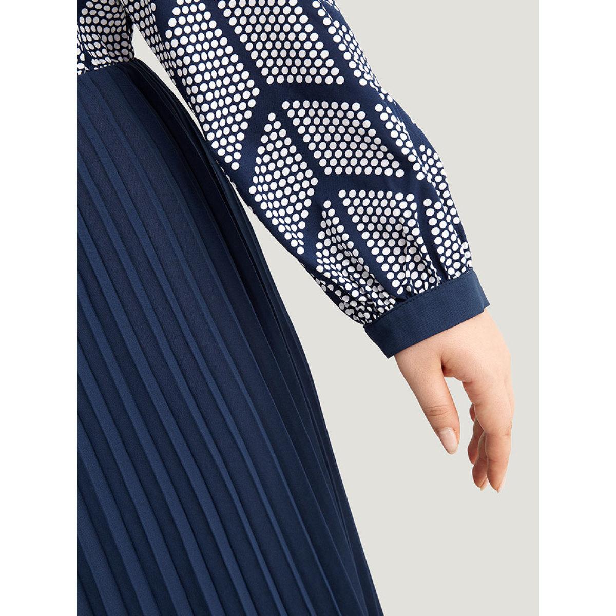 Plus Size Contrast Patchwork Ties Pleated Dress Indigo Women Office Printed Tie Neck Long Sleeve Curvy Midi Dress BloomChic 30/6X Product Image