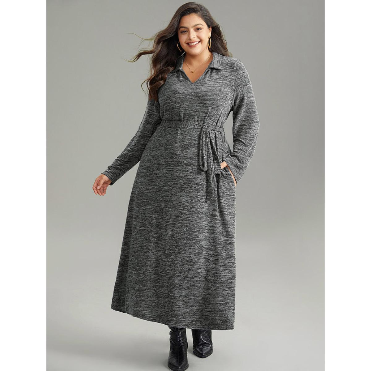 Plus Size Solid Pocket Elastic Waist Ties Split Hem Dress DimGray Women Casual Plain Lapel Collar Long Sleeve Curvy Midi Dress BloomChic 14-16/1X Product Image