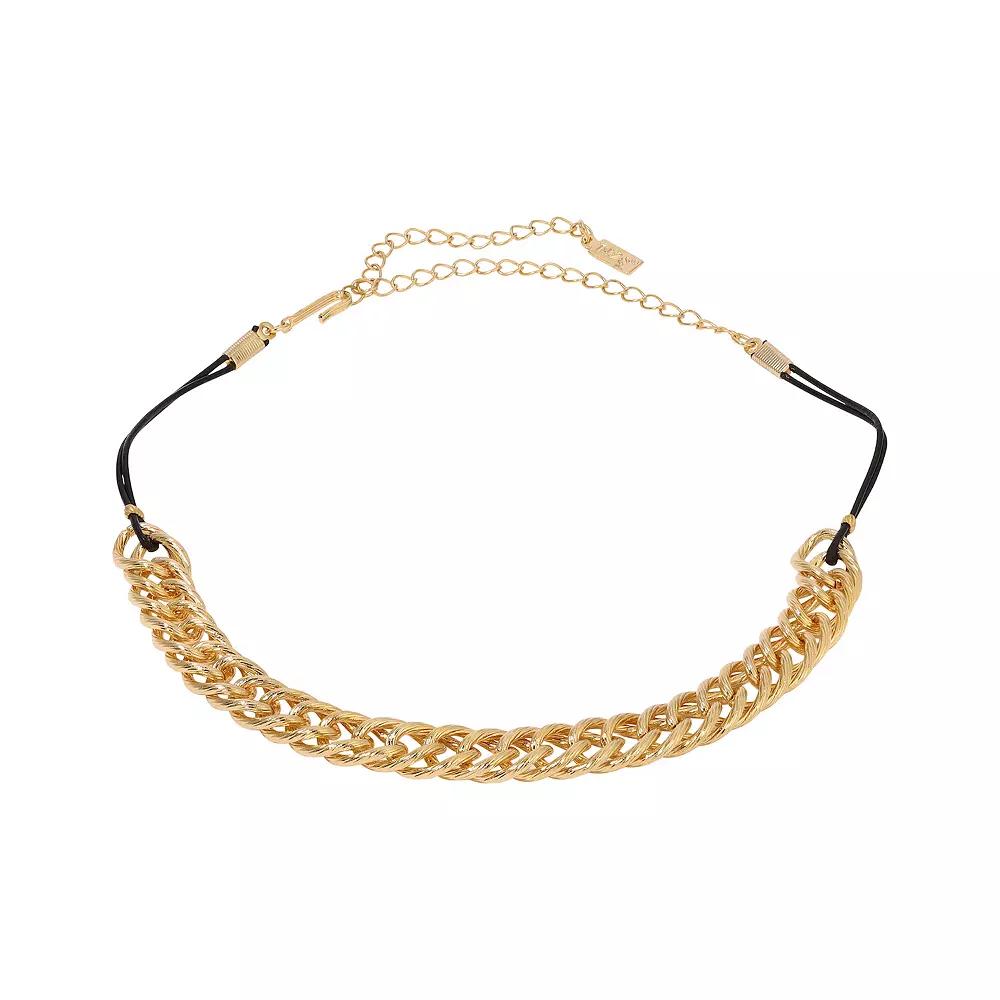 1928 Gold Tone Chain Thin Black Rope Choker Necklace, Womens Product Image