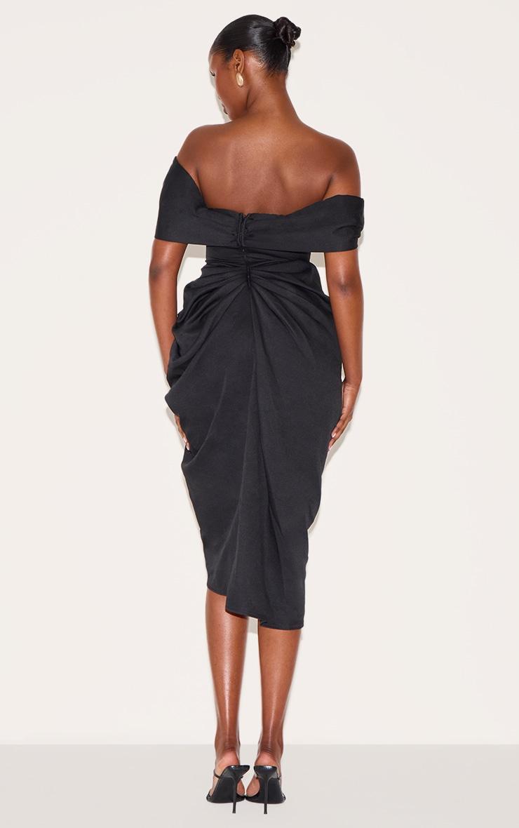 Black Corset Bardot Draped Midi Dress Product Image