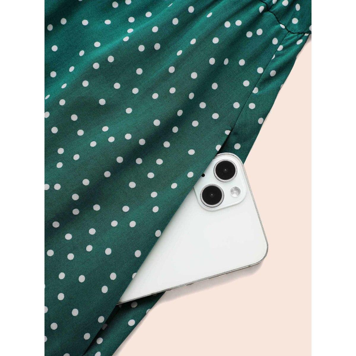 Plus Size Polka Dot Shirred Pocket Flutter Hem Dress DarkGreen Women Office Printed V-neck Half Sleeve Curvy Midi Dress BloomChic 14-16/1X Product Image