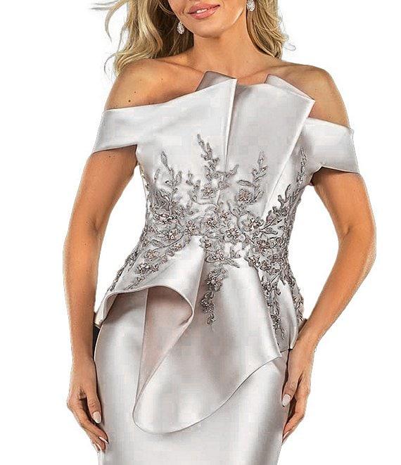 Terani Couture Off-the-Shoulder Pleated Floral Beaded Bodice Mermaid Gown Product Image