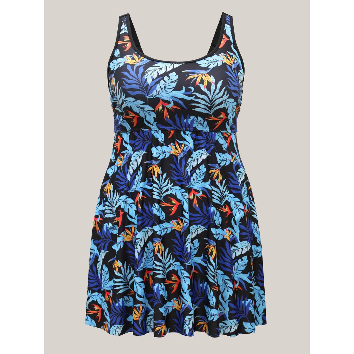 Plus Size Tropical Leaf Fit Flare Swim Dress Women's Swimwear BlackFlower Resort Bodycon U-neck High stretch Curve Swim Dresses BloomChic 22-24/3X Product Image