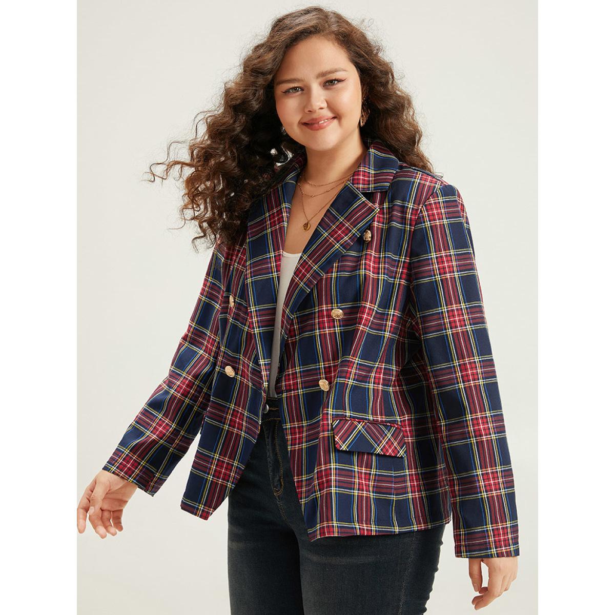 Plus Size Plaid Metal Detail Pocket Blazer Multicolor Women Dailywear Plaid Button Sleeve Long Sleeve Suit Collar 10/M Pocket Casual Blazers BloomChic Product Image