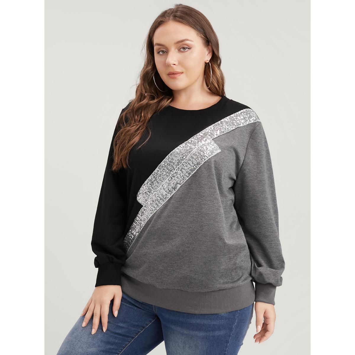 Plus Size Colorblock Contrast Sequin Drop Shoulder Sweatshirt Women DimGray Casual Contrast Round Neck Dailywear Sweatshirts BloomChic 28/5X Product Image