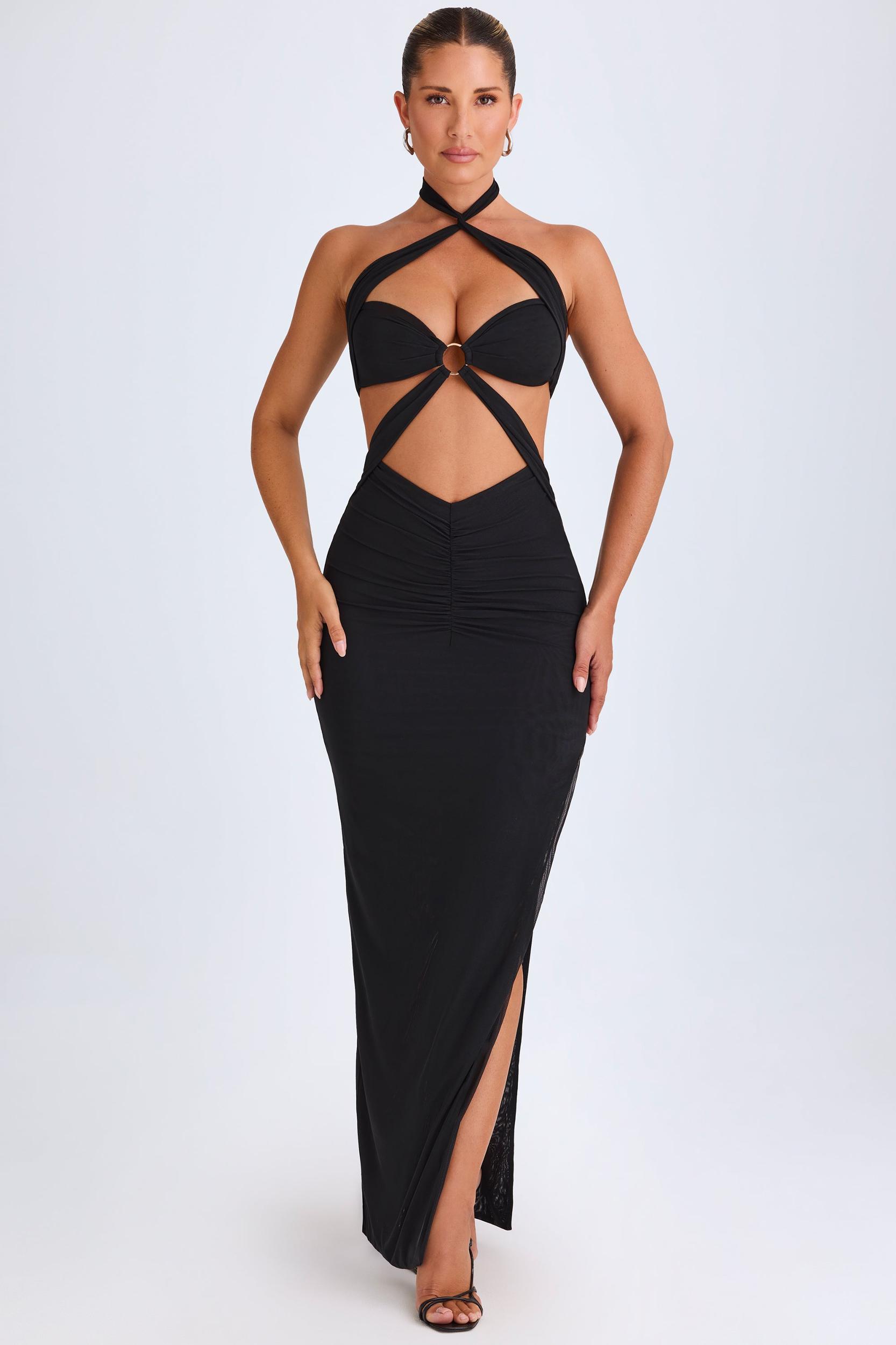 Hardware Detail Cut-Out Halterneck Maxi Dress in Black Product Image