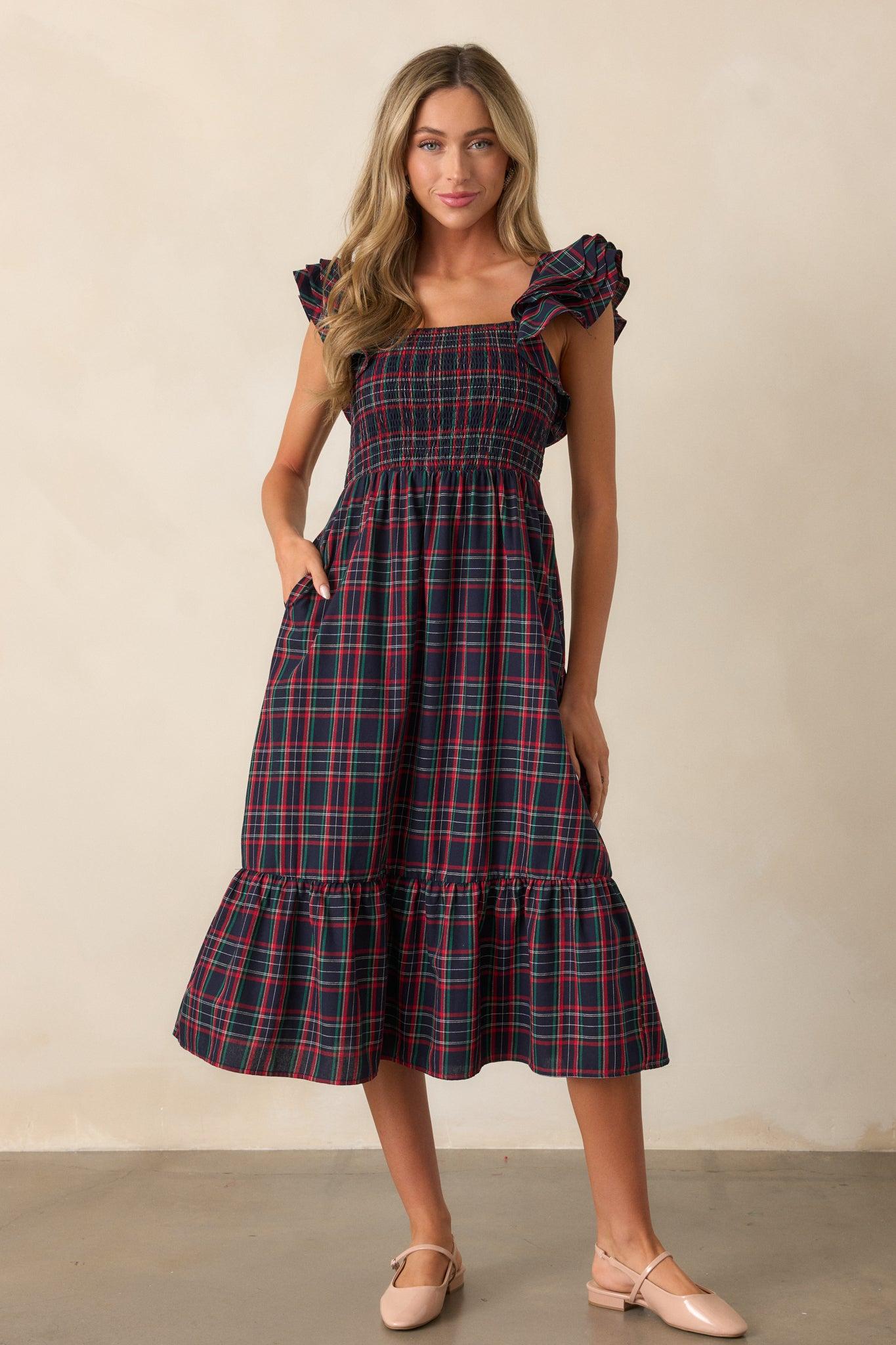 Always Good Cotton Navy Plaid Flutter Sleeve Midi Dress Product Image