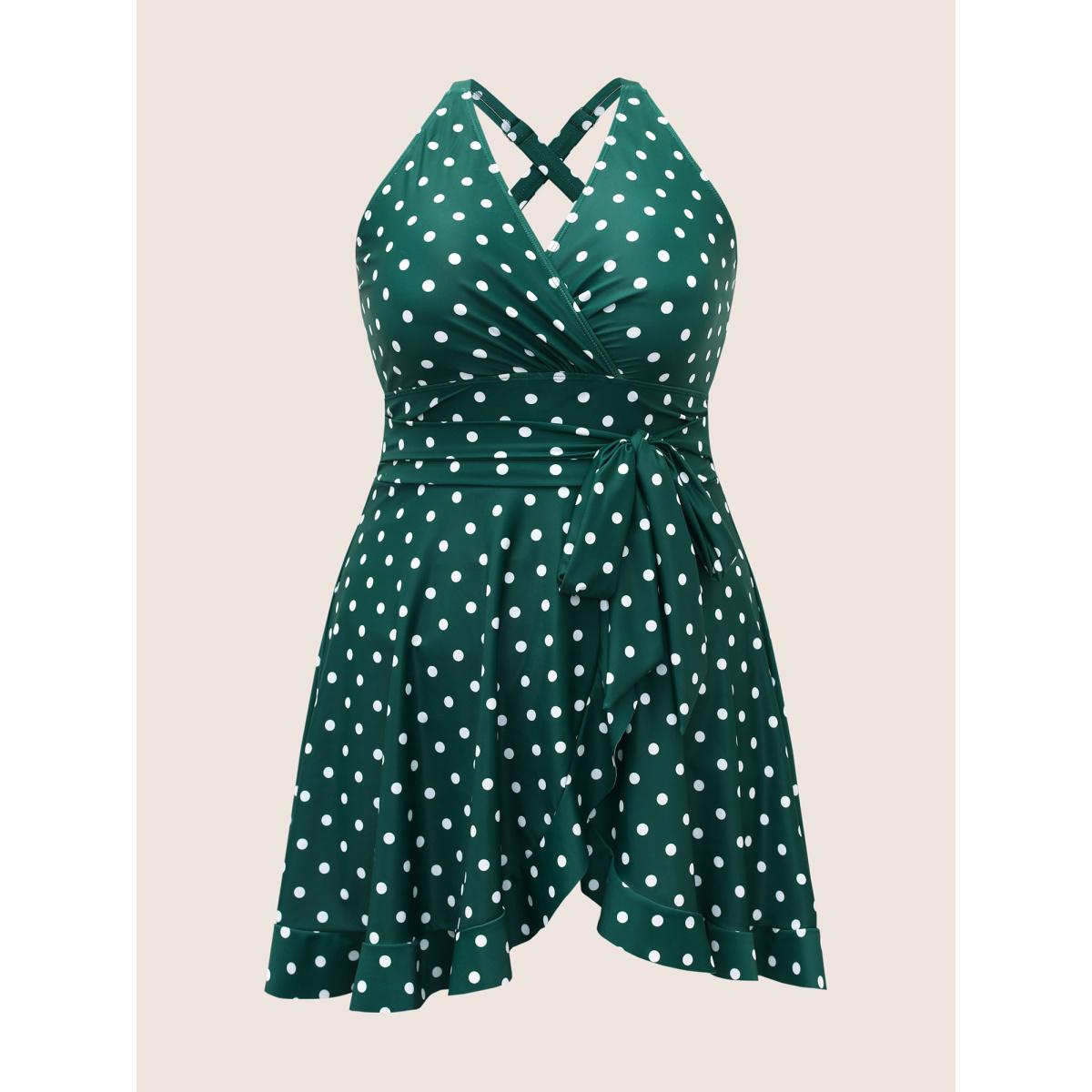 Plus Size Overlap Collar Polka Dot Tie Knot Ruffles Swim Dress Women's Swimwear DarkGreen Beach Bodycon Overlap Collar High stretch Curve Swim Dresses BloomChic 10/M Product Image