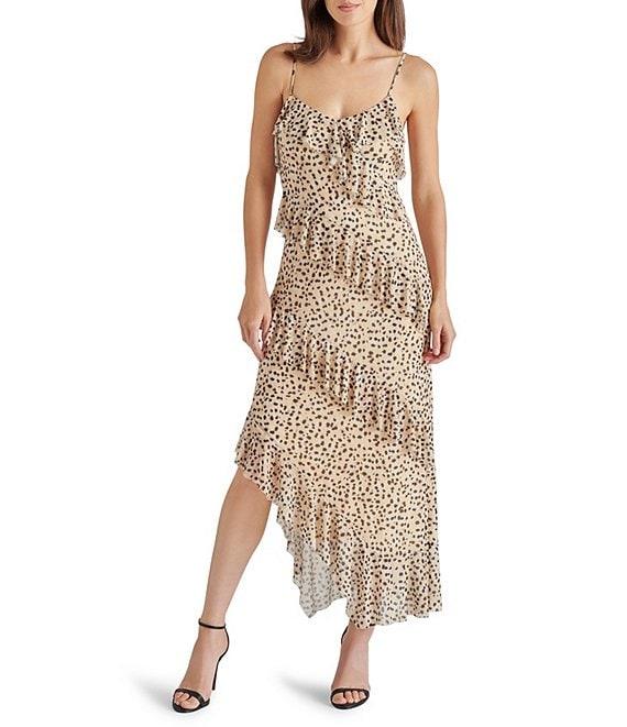 Steve Madden Aida Dotted Print V-Neck Sleeveles Ruffle Mesh Midi Dress Product Image