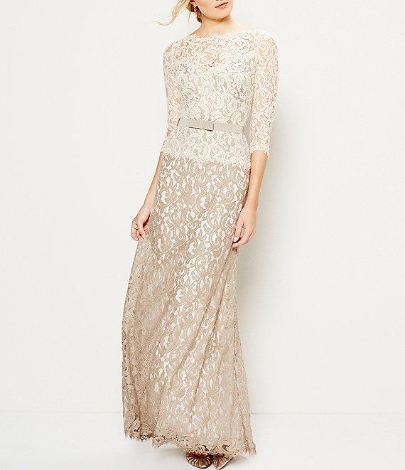 Tadashi Shoji Illusion Boat Neck 3/4 Sleeve Two Tone Floral Lace Scallop Hem Belted Gown Product Image