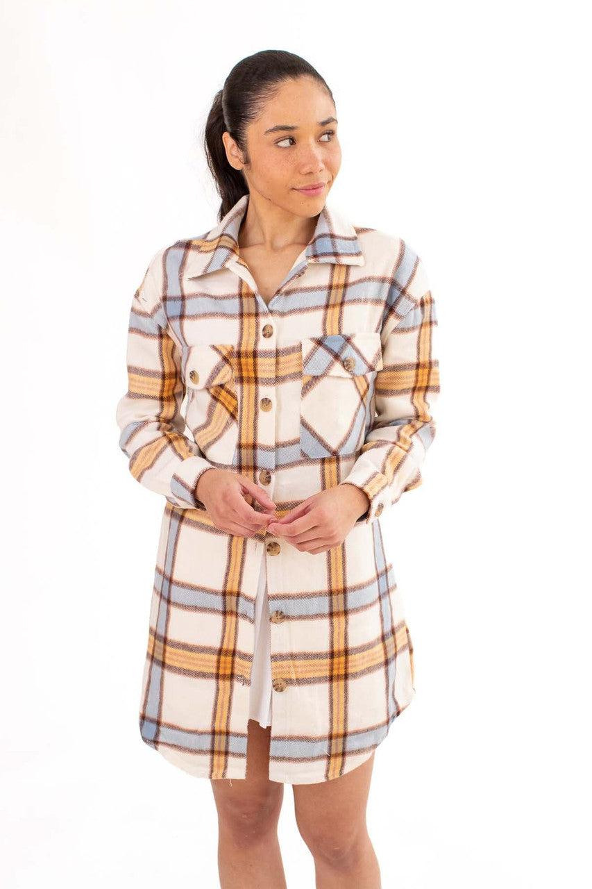 Long Blue Golden Plaid Shacket Product Image