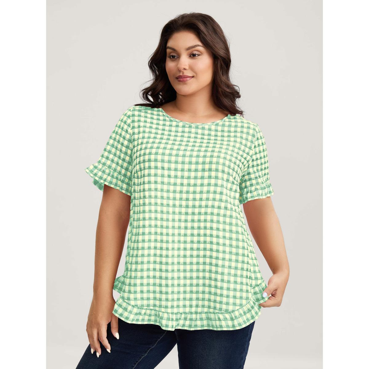 Plus Size Malachitegreen Gingham Print Button Back Blouse Women Short sleeve Round Neck Everyday-Casual Blouses BloomChic 12/L Product Image