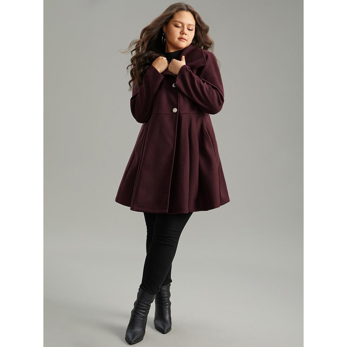 Plus Size Plain Button Up Pocket Asymmetrical Lapel Collar Coat Women Burgundy Elegant Plain Ladies Everyday Winter Coats BloomChic 22-24/3X Product Image