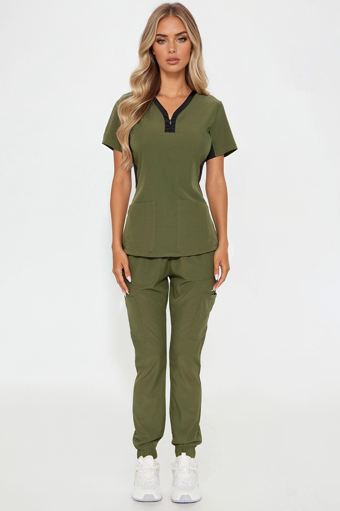 Ready To Help 2 Tone Uniform Scrub Jogger Set - Olive Product Image