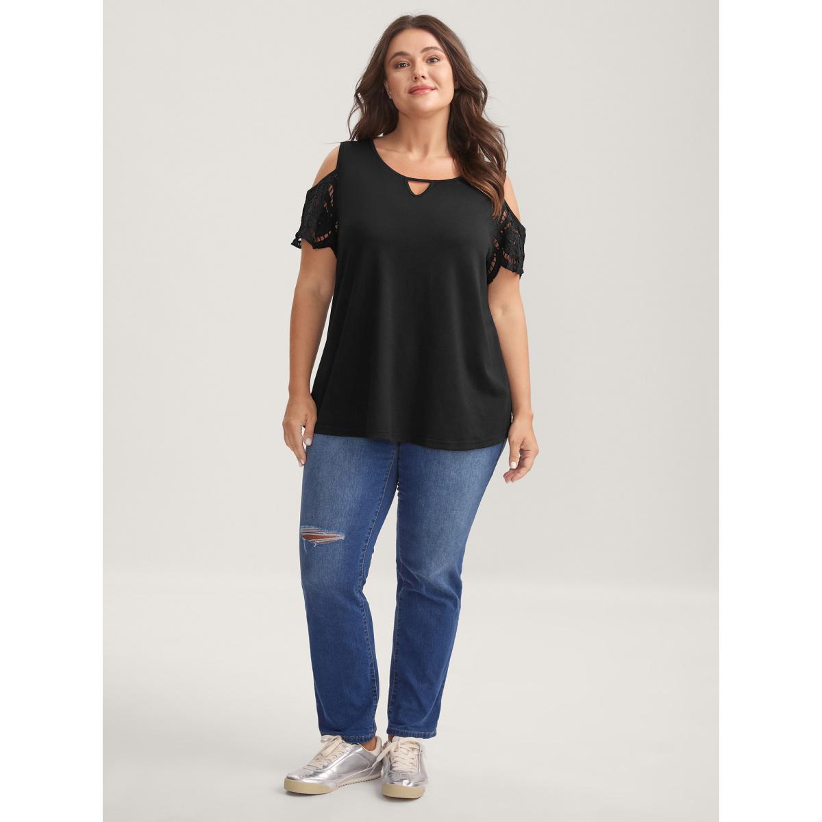 Plus Size Sleeve Cut-Out Cold-Shoulder T-Shirt Black Women Leisure Cut-Out Round Neck Casual T-shirts BloomChic 30/6X Product Image