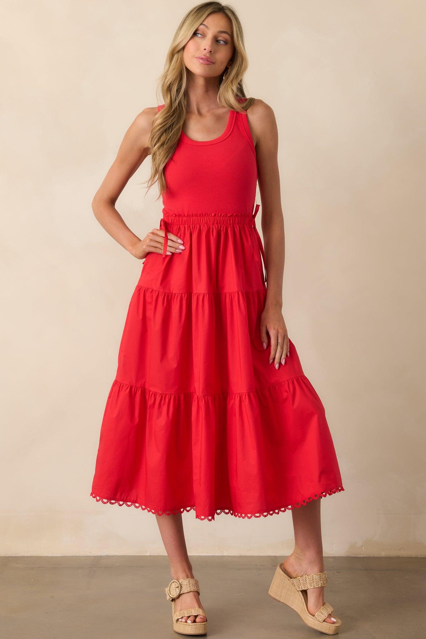Always The Right Time Red Cotton Sleeveless Midi Dress Product Image