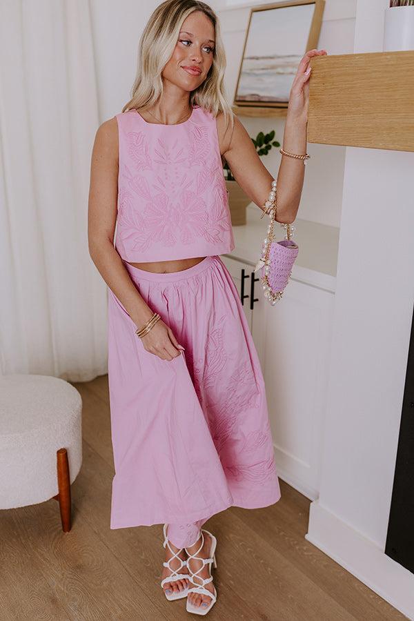 Vacay Bound High Waist Embroidered Midi Skirt in Blush Product Image