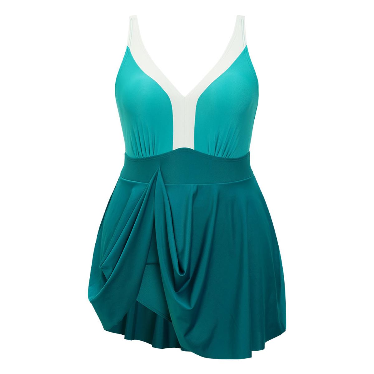 Plus Size Colorblock Contrast Sculpt Waist Ruffle Hem Gathered Swim Dress Women's Swimwear Emerald Vacation Bodycon V-neck High stretch Curve Swim Dresses BloomChic 26/4X Product Image
