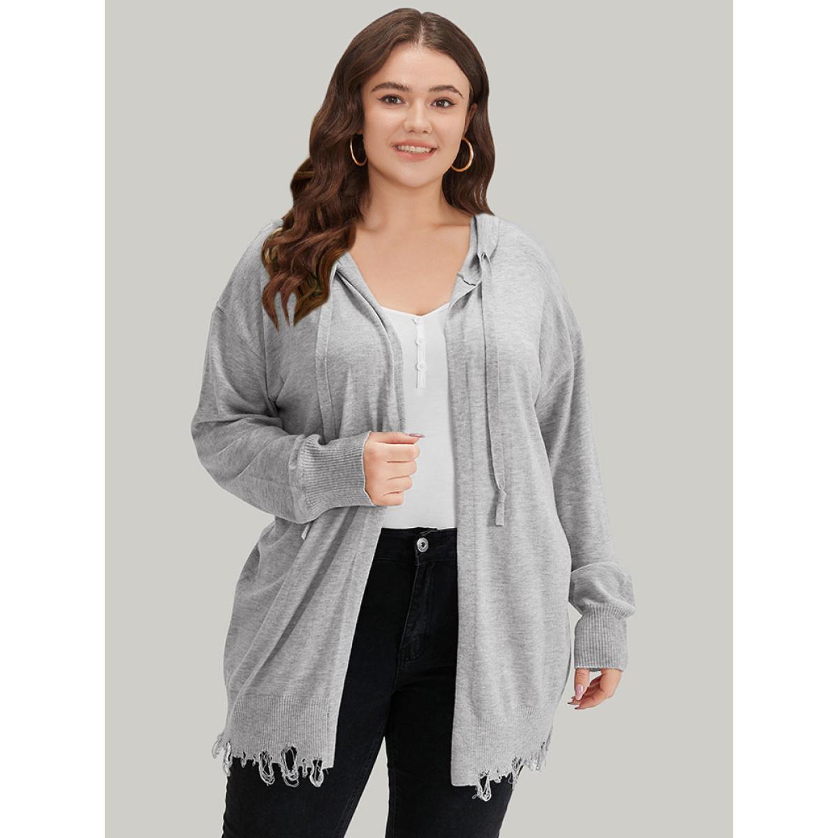 Plus Size Supersoft Essentials Solid Hooded Raw Hem Drawstring Cardigan LightGray Women Casual Loose Long Sleeve Dailywear Cardigans BloomChic 22-24/3X Product Image