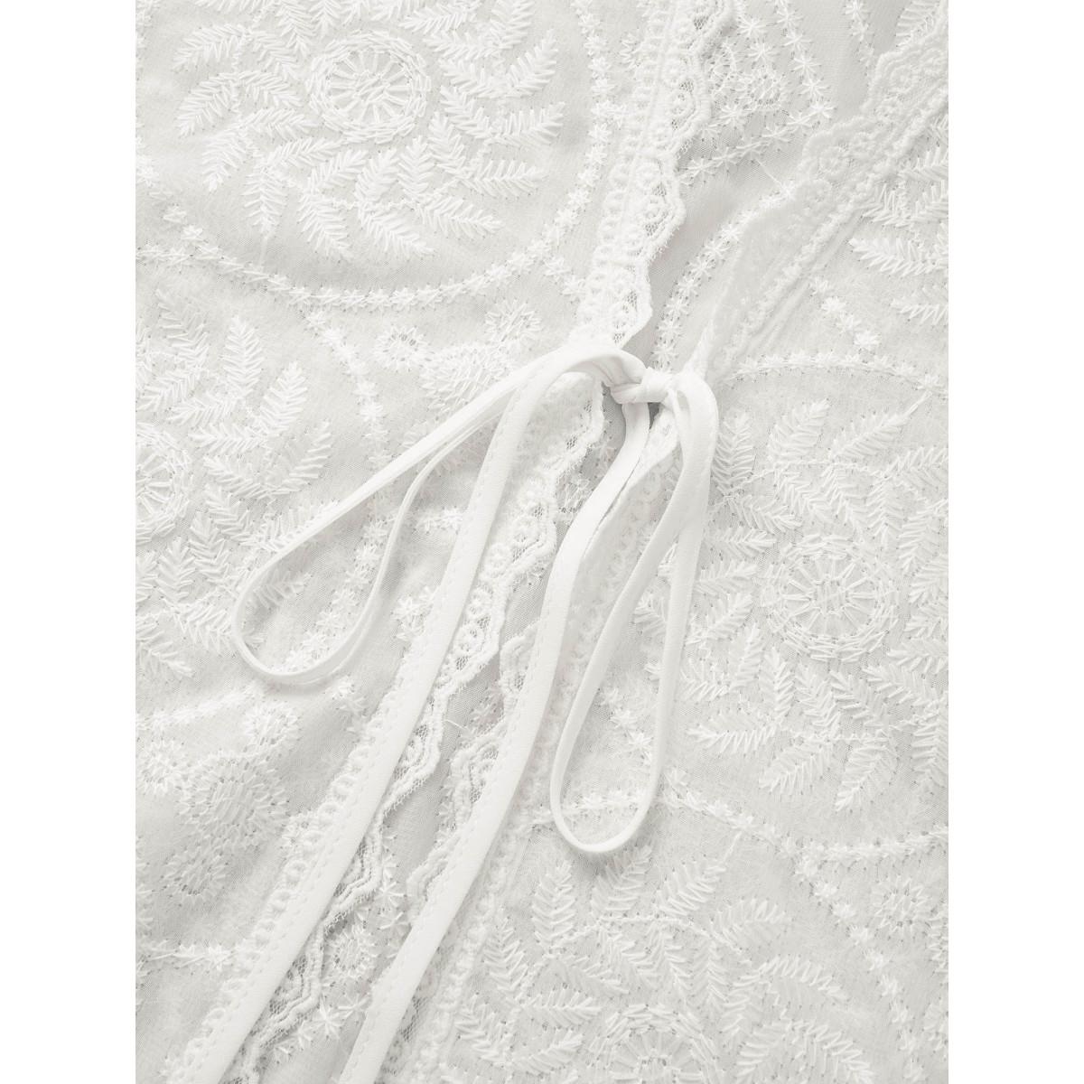 Plus Size Mesh Embroidered Lace Patchwork Ties Kimono Women White Resort Non Vacation Kimonos BloomChic 22-24/3X Product Image