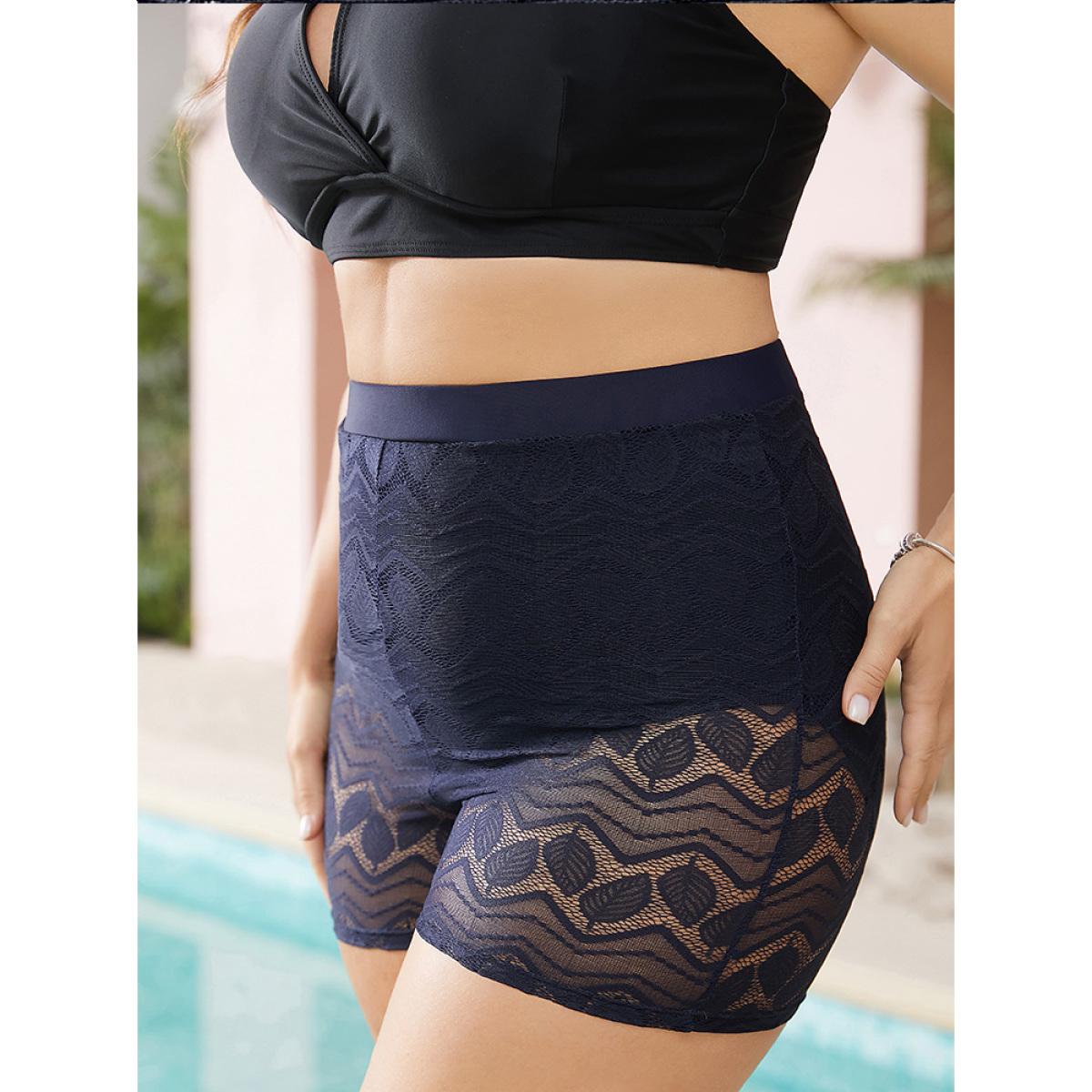Plus Size Leaf Print Contrast Lace Very Stretchy Swim Shorts Women's Swimwear Indigo Vacation Tummy control High stretch Skinny High Rise Curve Swim Bottoms BloomChic 14-16/1X Product Image