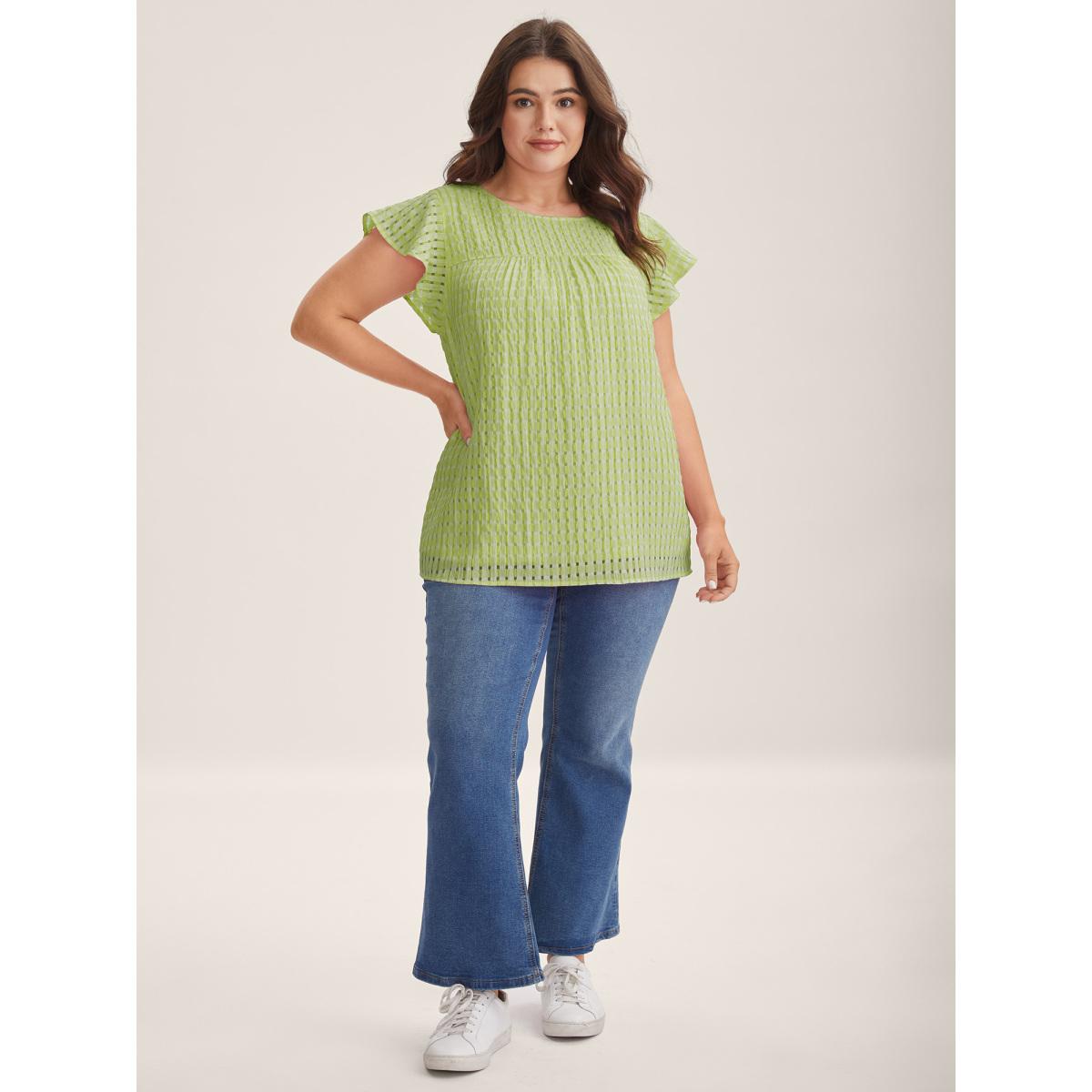 Plus Size Peach Textured Sheer Lined Flutter Sleeve Blouse Women Leisure Cap Sleeve Round Neck Casual Blouses BloomChic 12/L Product Image