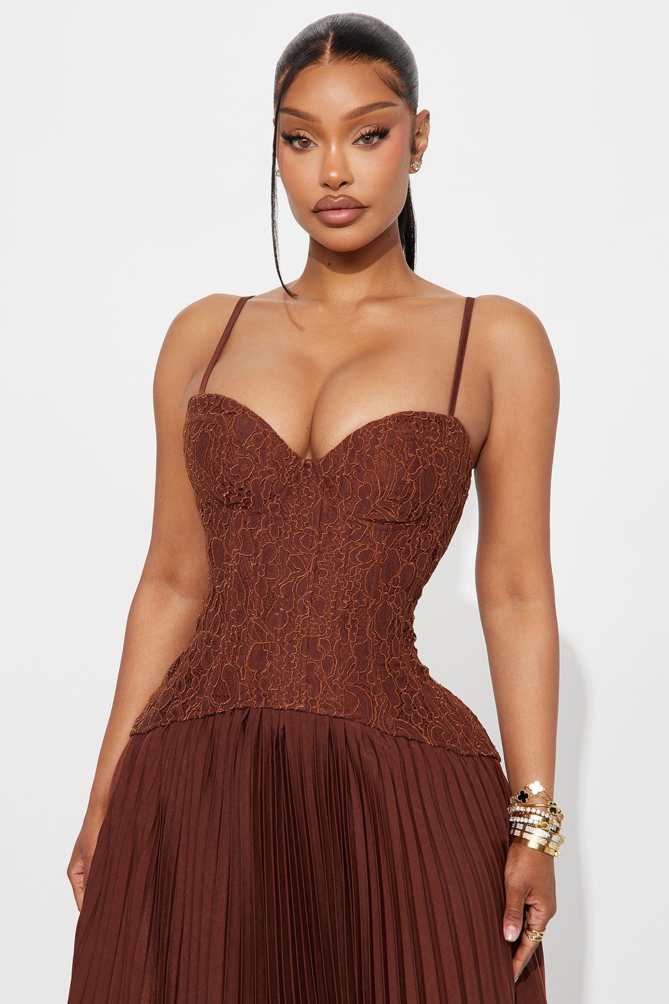 Daniella Lace Corset Pleated Maxi Dress - Chocolate Female Product Image
