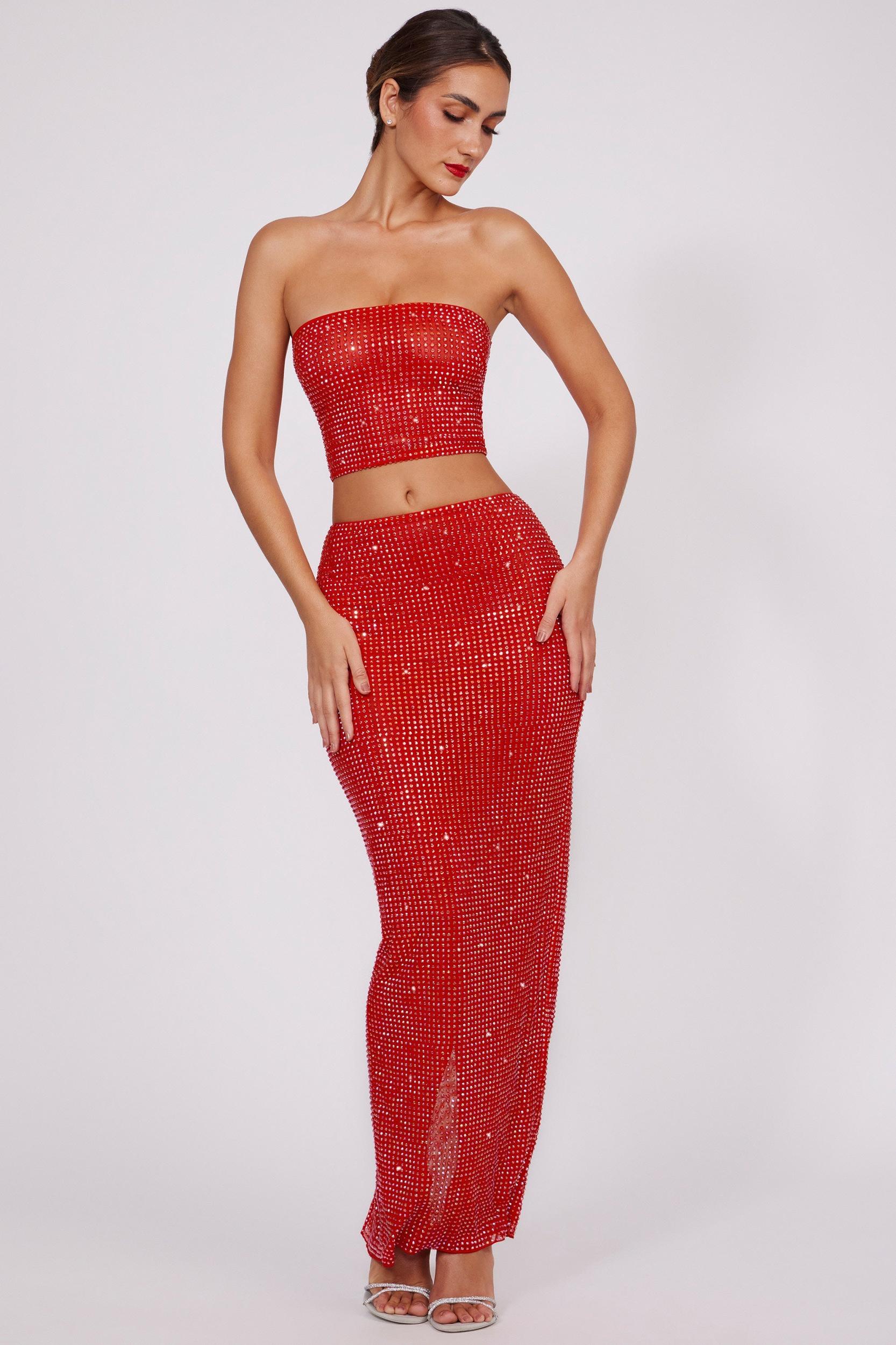 Embellished Mid Rise Maxi Skirt in Fire Red Product Image