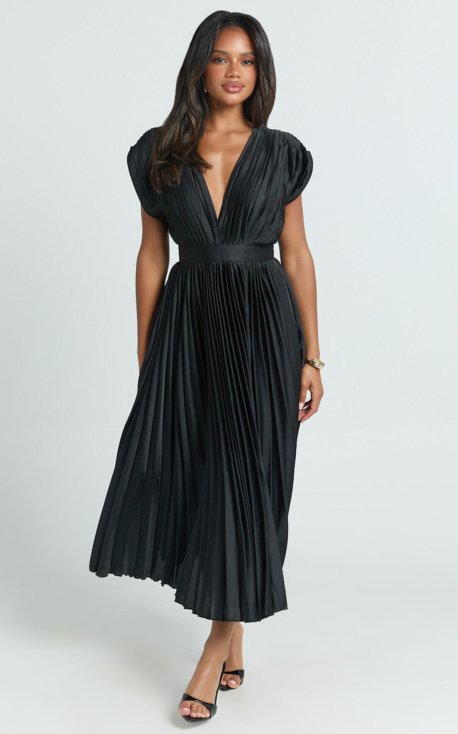 Della Midi Dress - Plunge Neck Short Sleeve Pleated Dress in Black Product Image