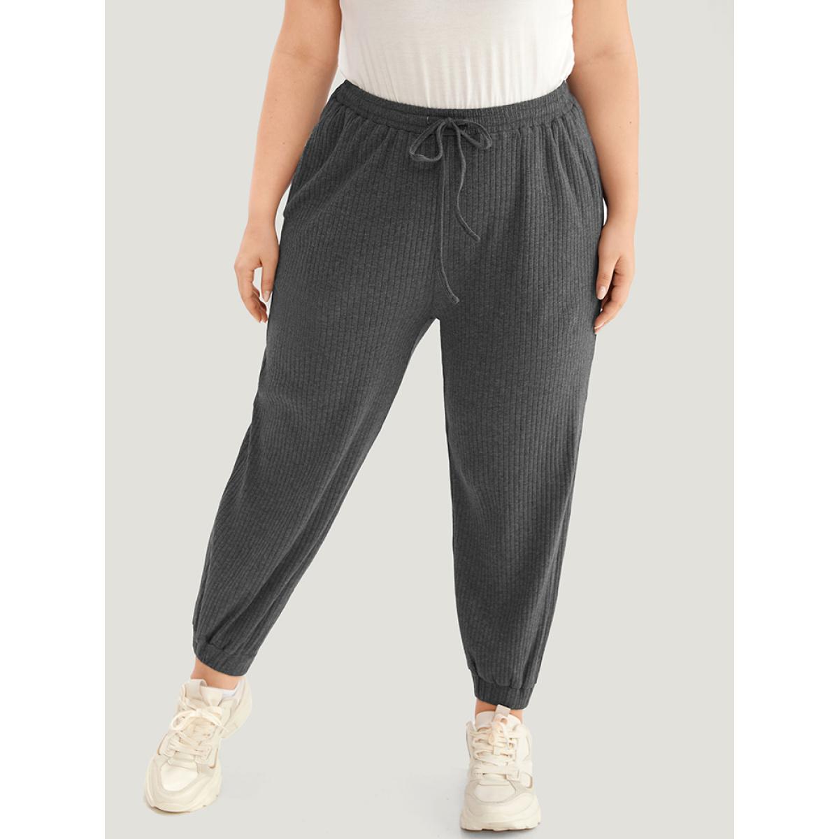Rib Knit Elastic Waist Drawstring Sweatpants DimGray Plus Size Women Casual Dailywear Texture 26/4X Bloomchic Product Image