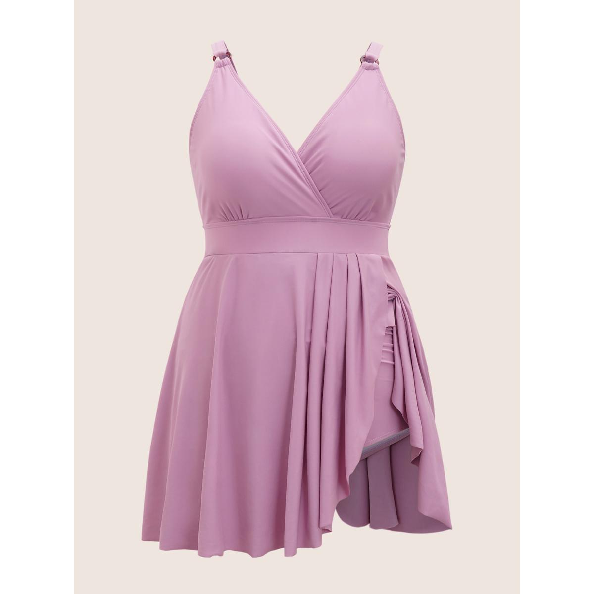 Plus Size Overlap Collar Plain Slit Hem Swim Dress Women's Swimwear Lilac Beach Bodycon Overlap Collar High stretch Curve Swim Dresses BloomChic 30/6X Product Image