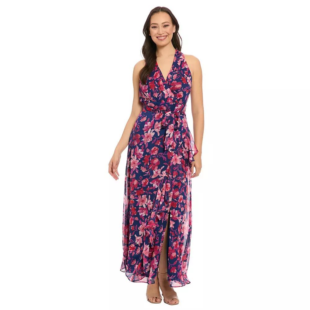 Women's London Times Floral Watercolor Halter Neck Ruffly Slit Hem Maxi Dress, Size: 6, Blue Pink Product Image