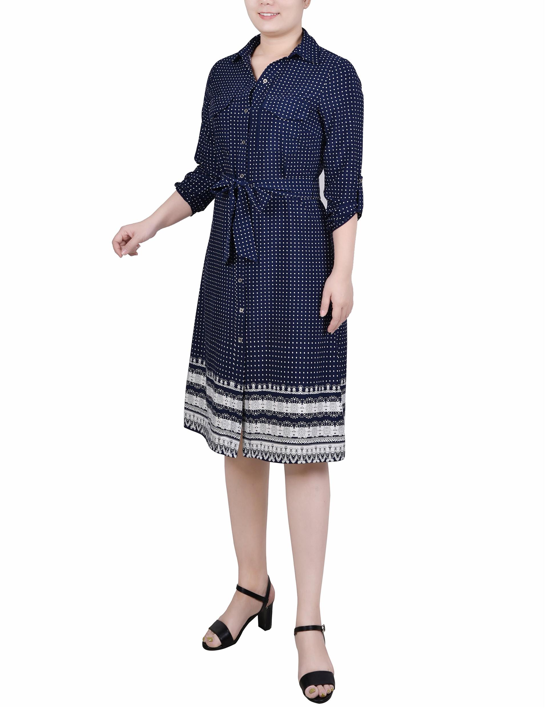 Cypress Inca Gold Navy Zigzag 3/4 Roll Tab Sleeve Belted Shirtdress - Petite Product Image