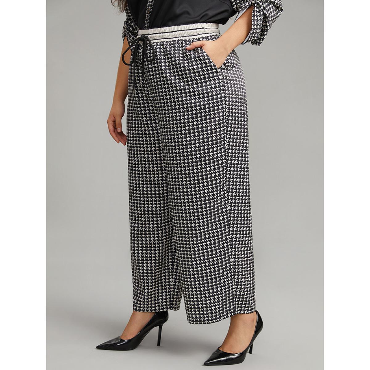 Plus Size Houndstooth Drawstring Straight Leg Pants Women Black Office Straight Leg High Rise Work Pants BloomChic 14-16/1X Product Image