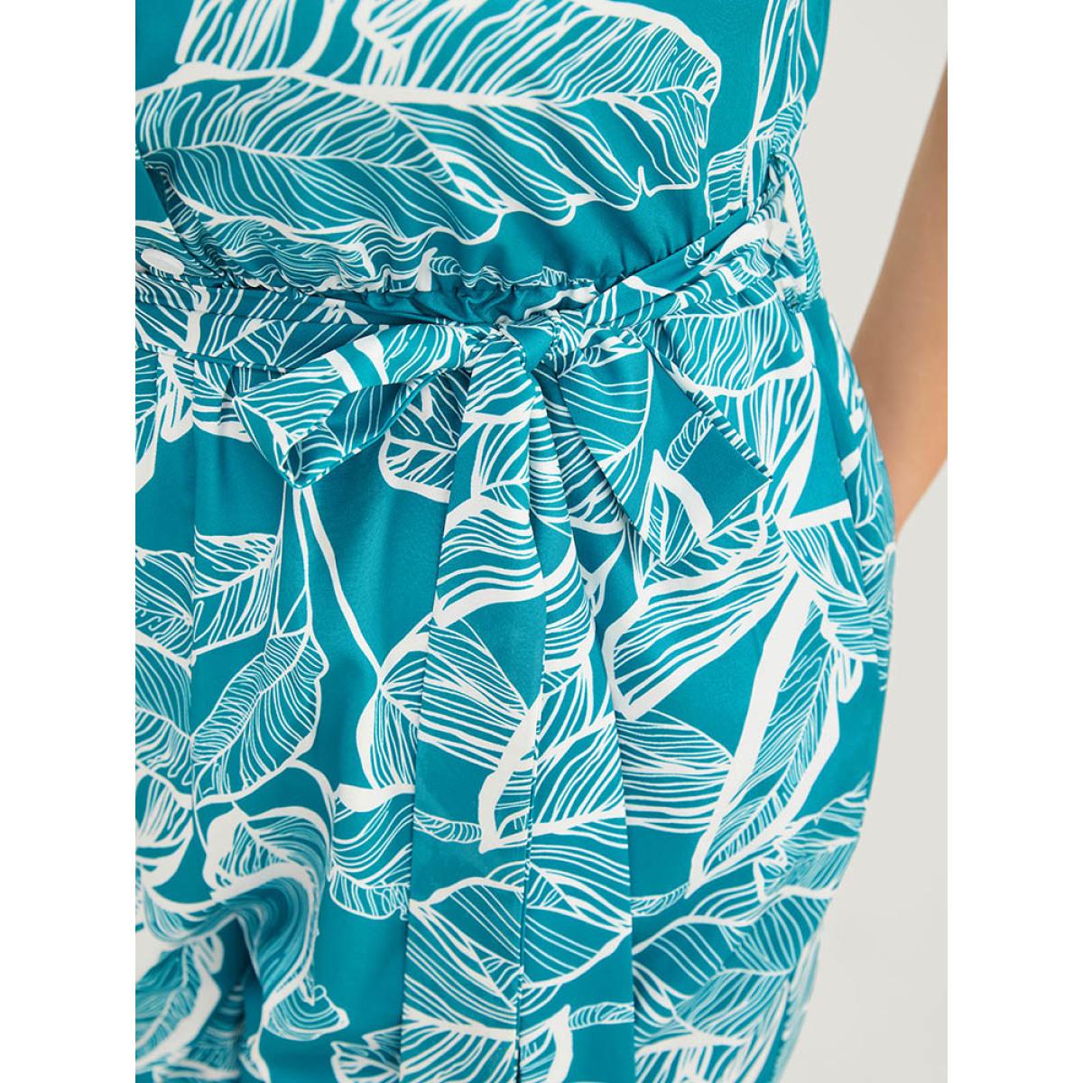 Plus Size Emerald Plant Print Button Through Pocket Belt Cami Jumpsuit Women Vacation Sleeveless Spaghetti Strap Dailywear Loose Jumpsuits BloomChic 12/L Product Image