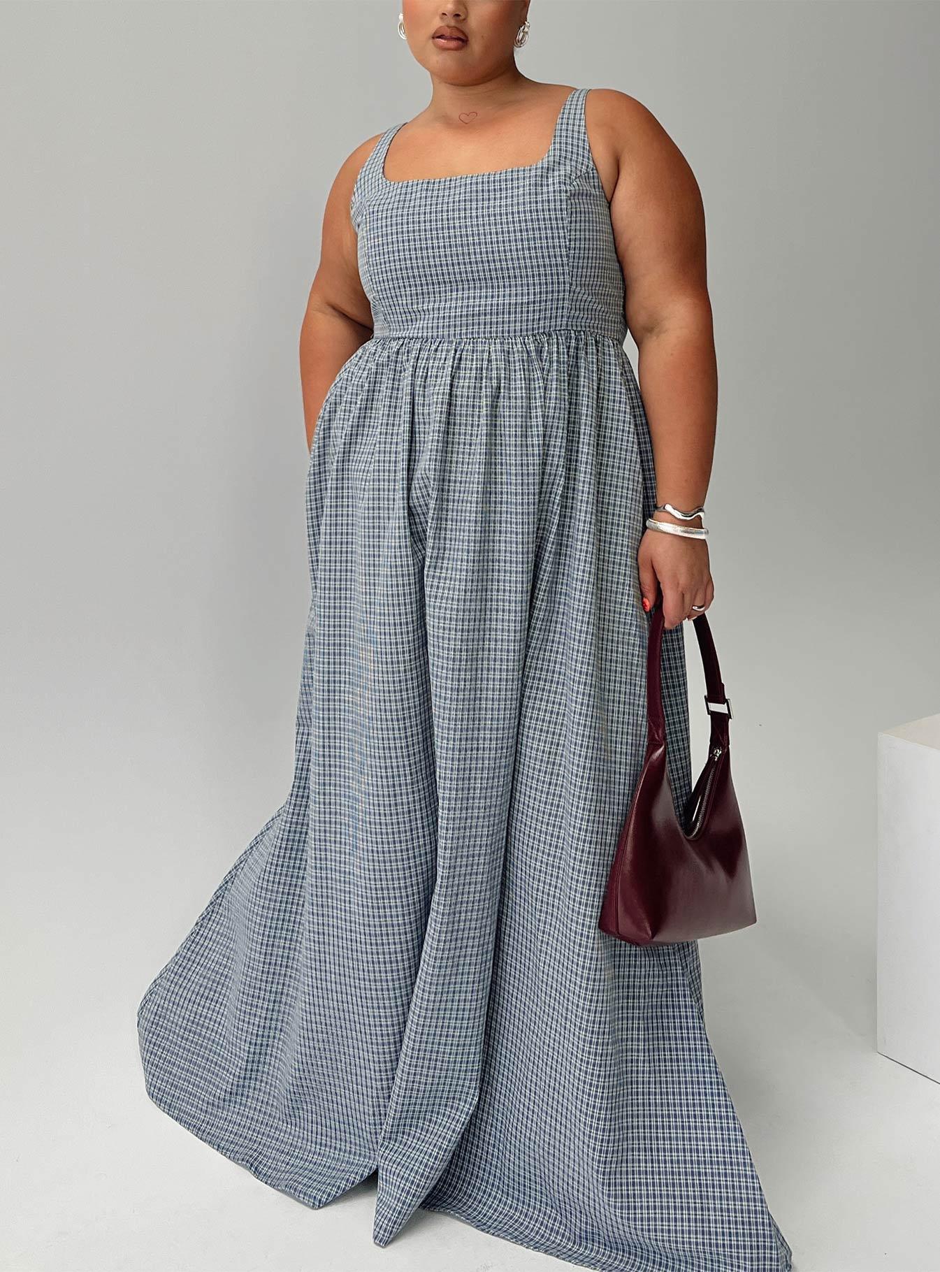 Cartmel Check Maxi Dress Navy Curve Product Image
