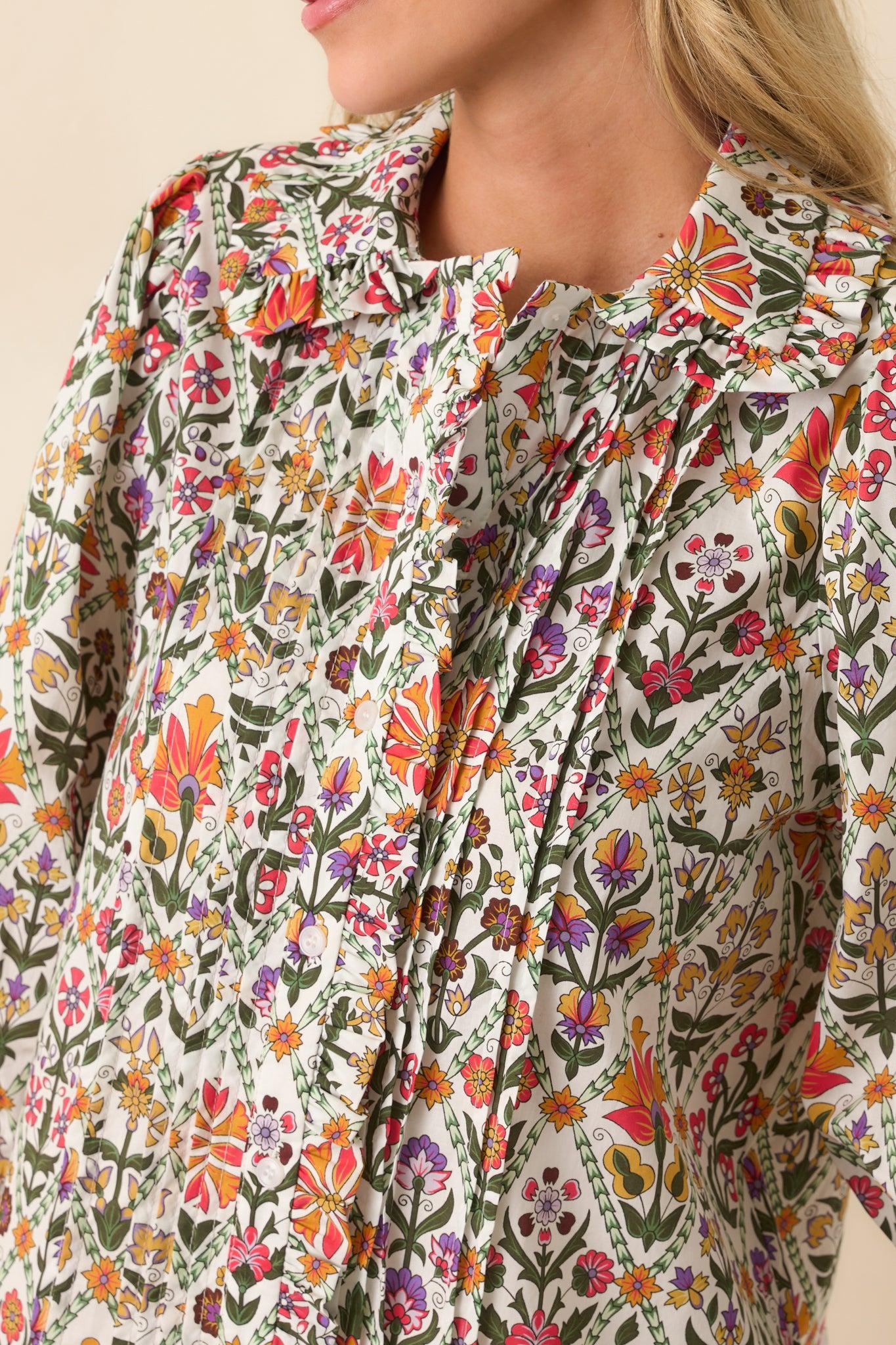 Seems Like It Red Multi Print Cotton Button Front Top Product Image