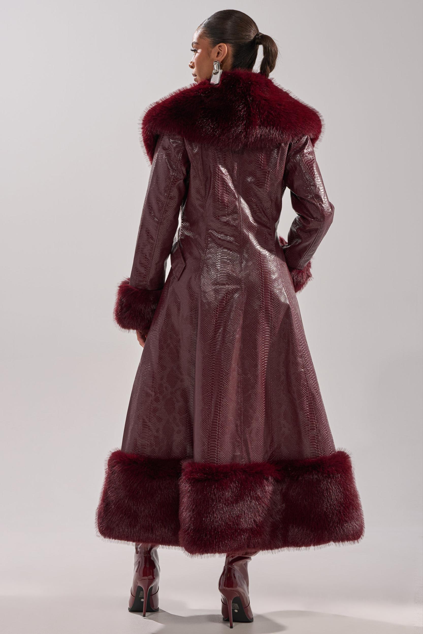 VIVIAN FUR TRIM TRENCH IN BURGUNDY Product Image