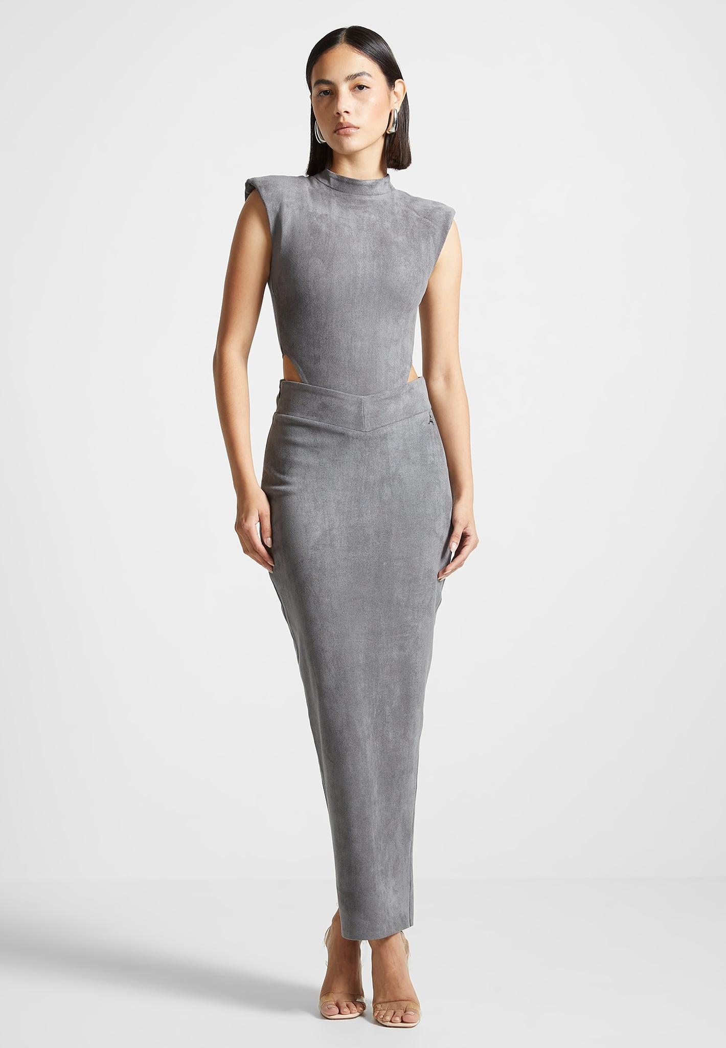 Suede Wide Shoulder High Leg Bodysuit - Light Grey Female Product Image