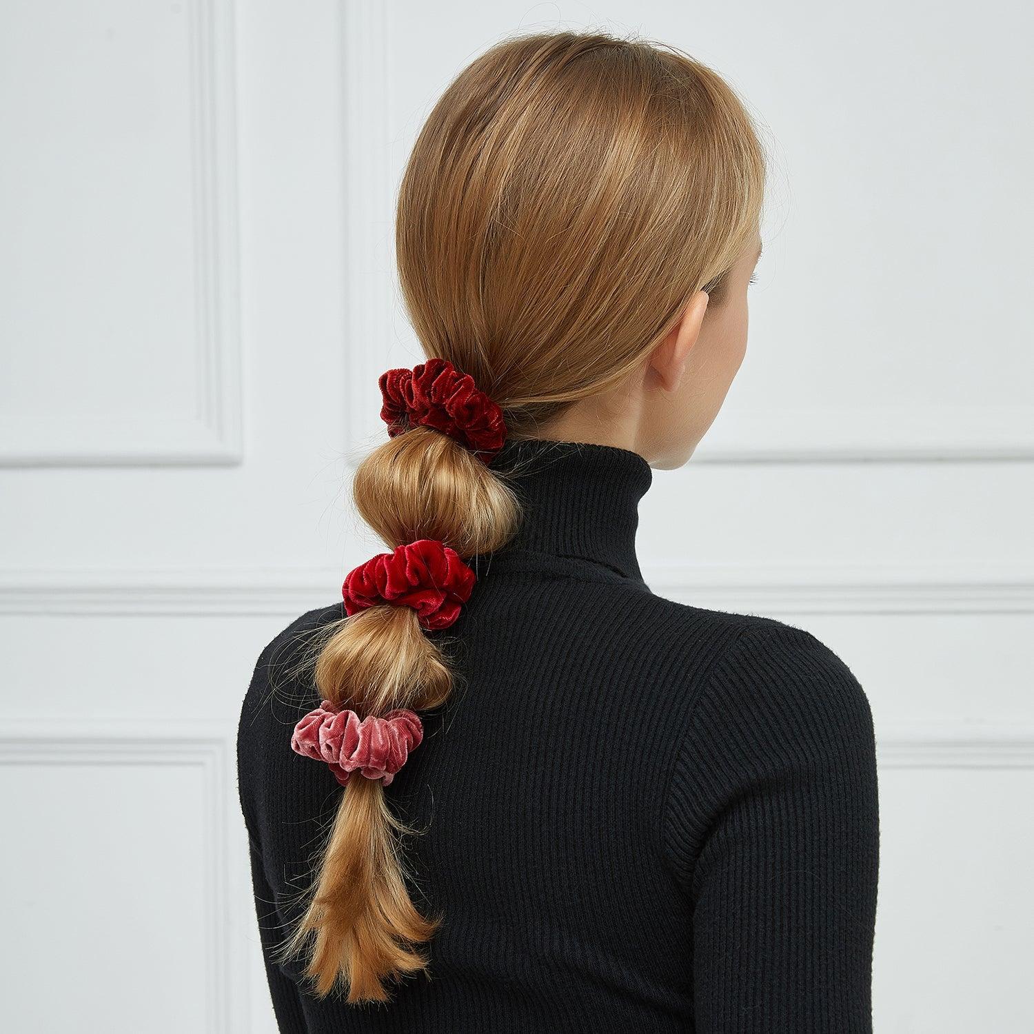Silk Velvet Handmade Scrunchie Set of Two | 0.8 Inch & 2 Inch | Lipstick Collection Product Image