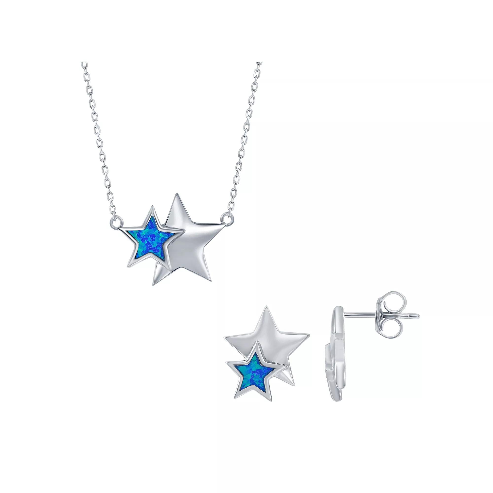 Sterling Silver Lab-Created Blue Opal Star Earring & Necklace Set, Women's Product Image