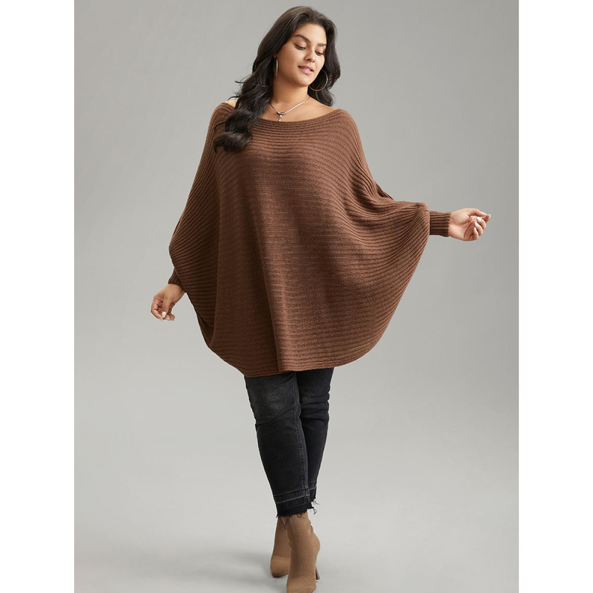 Plus Size Solid Textured Off Shoulder Batwing Sleeve Pullover DarkBrown Women Casual Loose Long Sleeve One-shoulder neck Dailywear Pullovers BloomChic 10/M Product Image