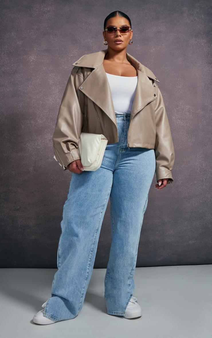 Plus Taupe Faux Leather Quilted Lining Oversized Biker Jacket Product Image