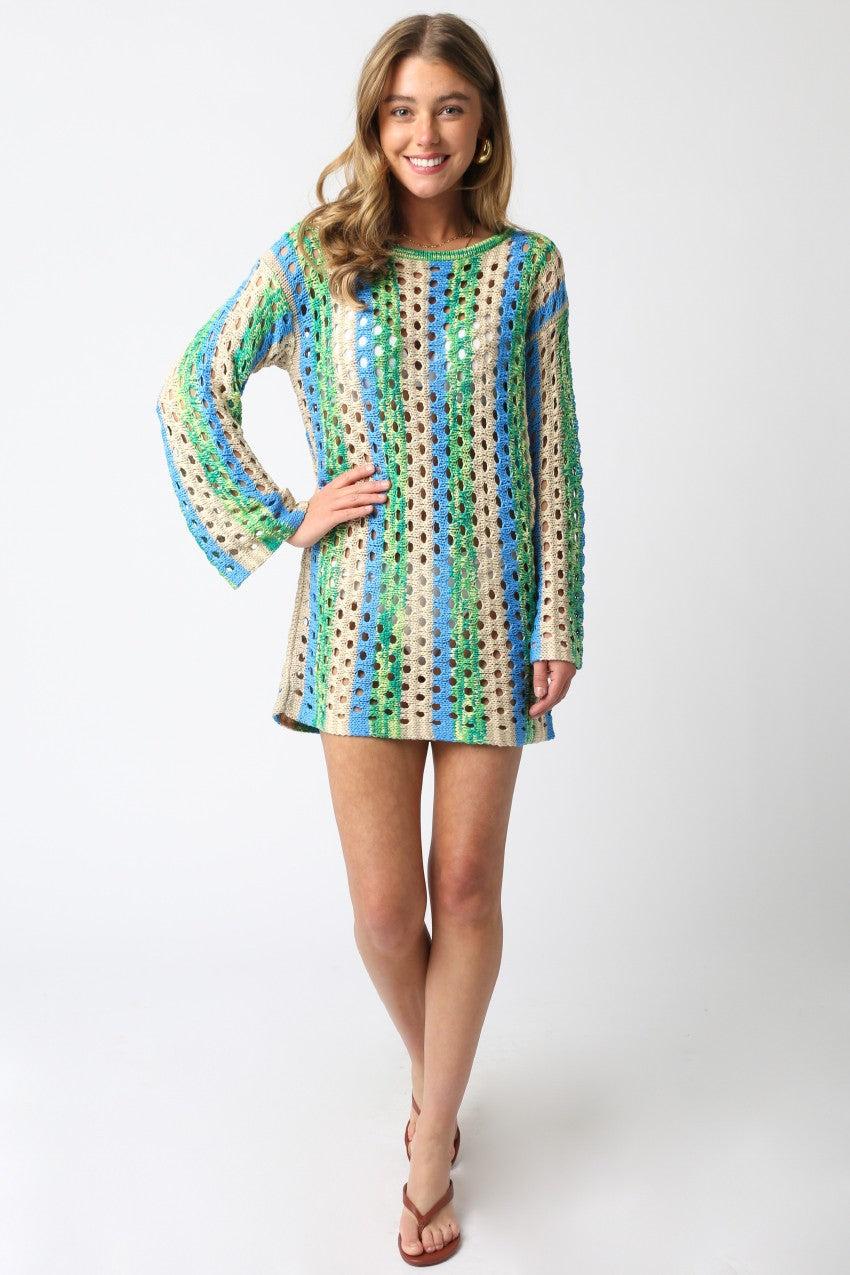 Ollie Crochet Striped Mini Dress | Blue Green Product Image