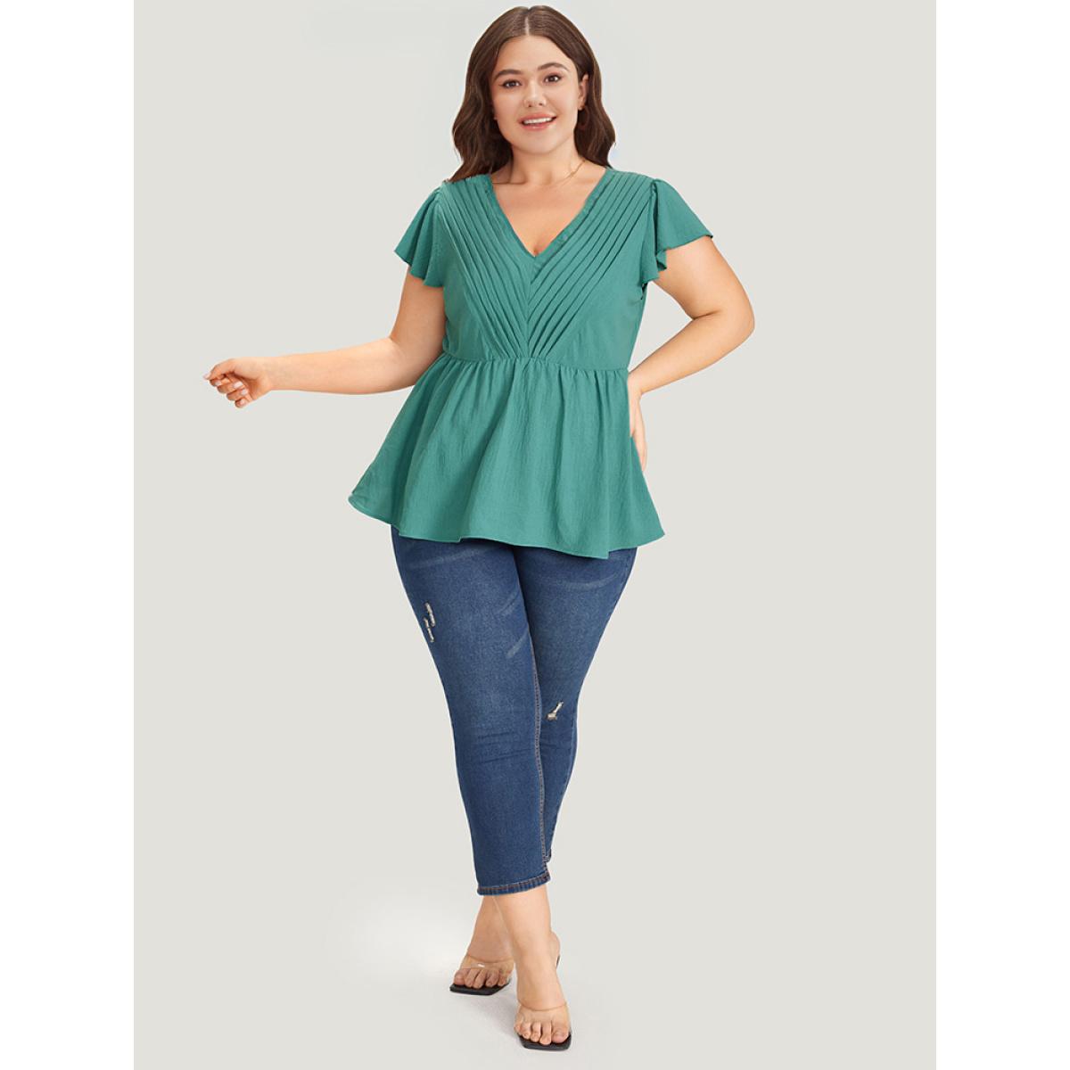 Plus Size Mint Solid Pleated Flutter Cap Sleeve Blouse Women Elegant Cap Sleeve V-neck Dailywear Blouses BloomChic 22-24/3X Product Image