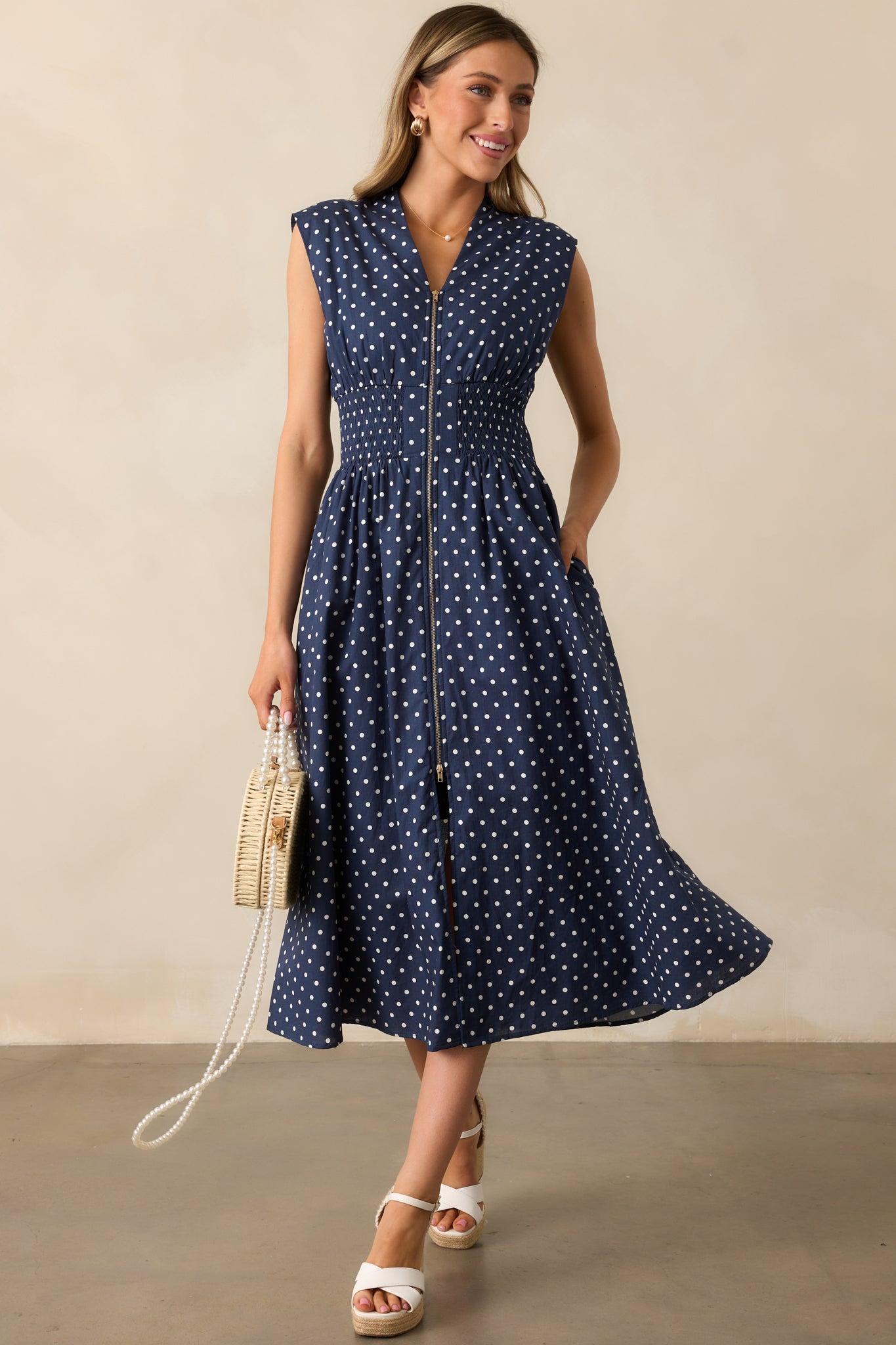 The Evette Navy Polka Dot Zip Front Midi Dress Product Image
