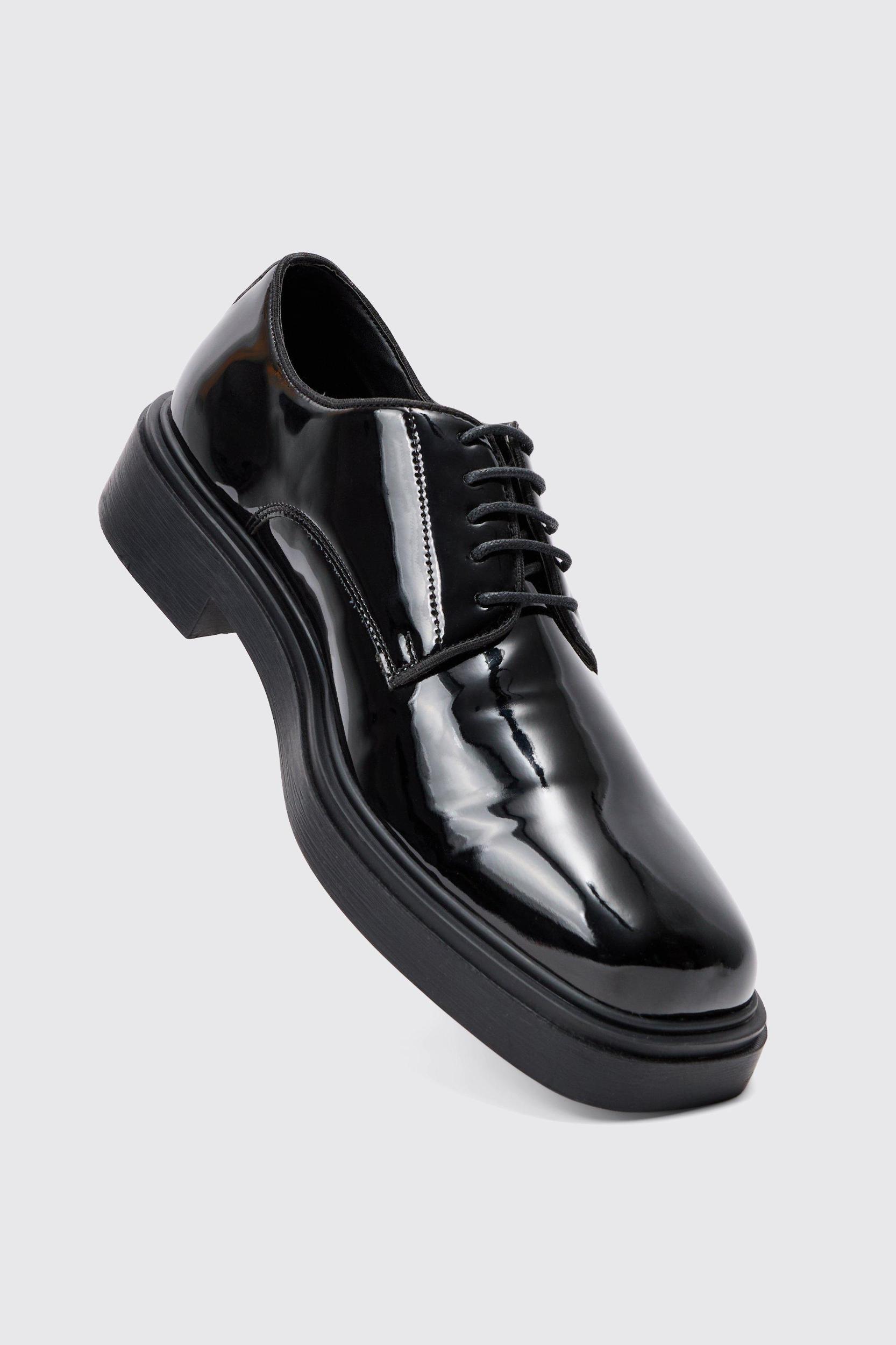 Faux Leather Derby Shoes In Black | boohooMAN USA Product Image