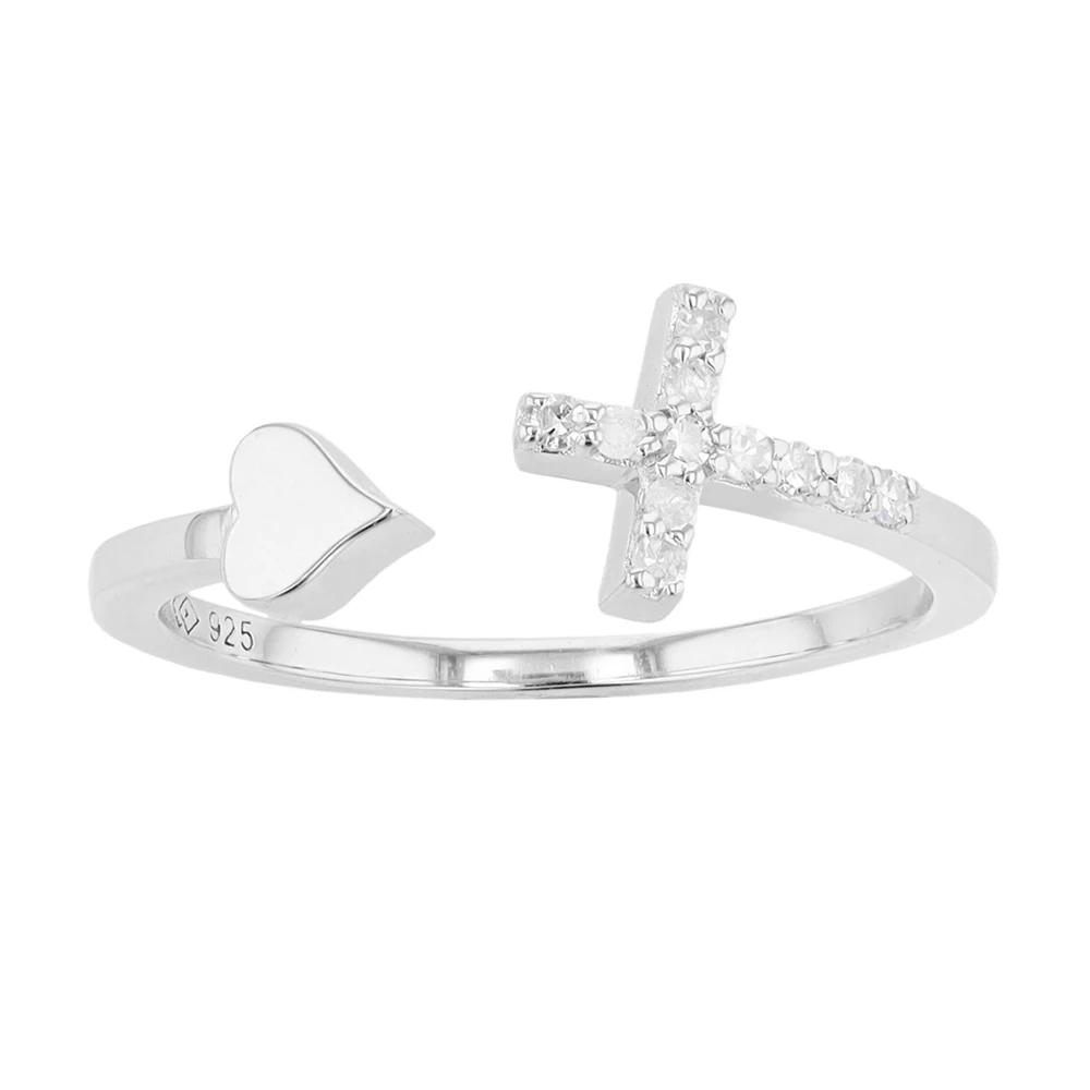 Sterling Silver 1/10 Carat T.W. Diamond Cross & Heart Ring, Women's,  Product Image